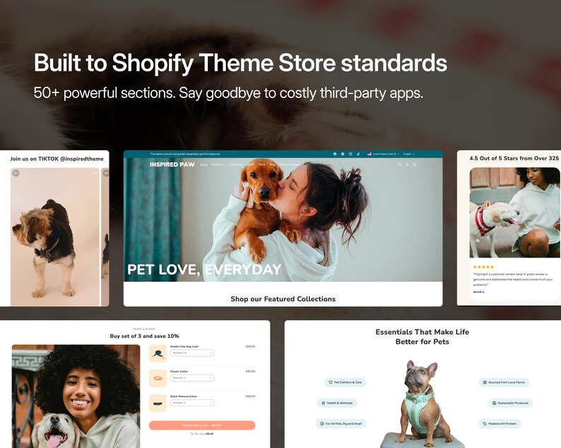 May include: A digital display of a Shopify e-commerce website template titled Inspired Paw, featuring pet-themed product pages, customer reviews, and collection sections with text overlays including Built to Shopify Theme Store standards.