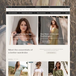 Könnte beinhalten: Eine Website-Oberfläche für Inspired Apparel mit einer Navigationsleiste, Kleidungsbildern und Textabschnitten. Das Layout enthält Überschriften wie Sustainable Styles for the Eco-Conscious und New Wave of Chic and Sophistication.