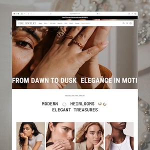 Puede incluir: Una interfaz de sitio web para Fine Jewelry con un banner que incluye el texto FROM DAWN TO DUSK ELEGANCE IN MOTION, una sección BESTSELLING FINE JEWELRY y el texto MODERN HEIRLOOMS ELEGANT TREASURES con iconos de anillos y pendientes.