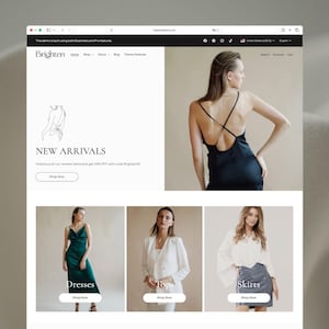 May include: A website interface for a clothing brand named Brighten, featuring a navigation menu, a hero section with a black dress, and three product categories: dresses, tops, and skirts, each with a Shop Now button and imagery.