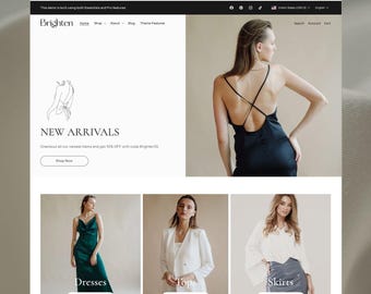 May include: A website interface for a clothing brand named Brighten, featuring a navigation menu, a hero section with a black dress, and three product categories: dresses, tops, and skirts, each with a Shop Now button and imagery.