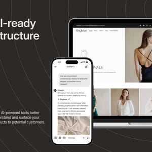 May include: A digital display showing a website interface on a laptop screen and a mobile phone screen. The laptop displays a fashion brand website with images of clothing, while the phone shows a ChatGPT interface with text about fashion brands.
