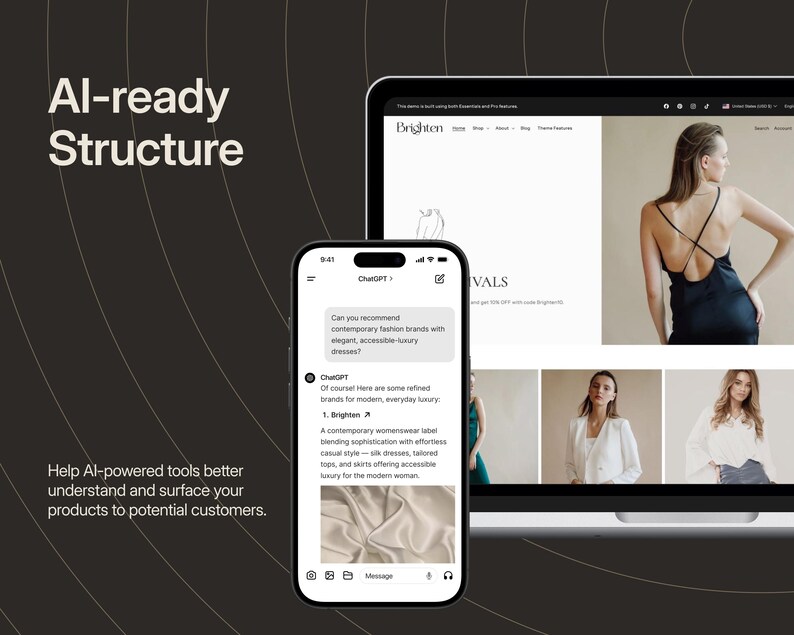 May include: A digital display showing a website interface on a laptop screen and a mobile phone screen. The laptop displays a fashion brand website with images of clothing, while the phone shows a ChatGPT interface with text about fashion brands.