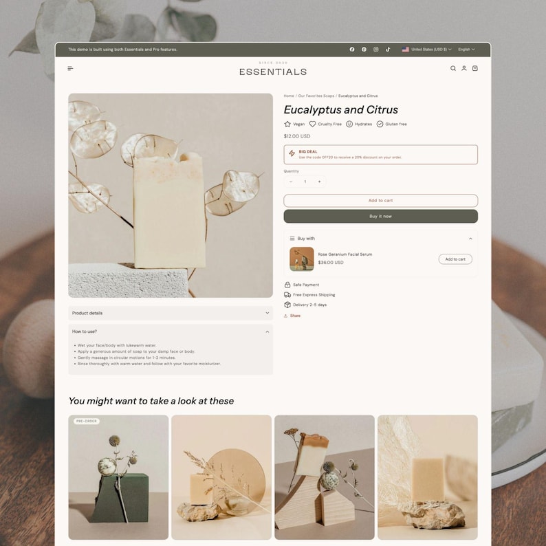 Puede incluir: Una interfaz de p&aacute;gina web para un producto titulado jab&oacute;n Eucalyptus and Citrus. La p&aacute;gina muestra una pastilla de jab&oacute;n rectangular, un precio de 12,00 $ USD, un bot&oacute;n A&ntilde;adir al carrito y un bot&oacute;n Comprar ahora. Debajo, una secci&oacute;n titulada You might want to take a look at these.