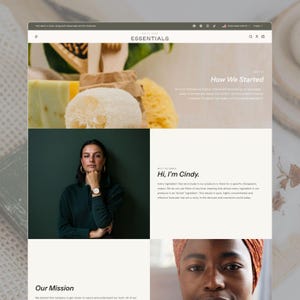 Puede incluir: Una interfaz de sitio web para una marca llamada Essentials, que incluye un encabezado con navegaci&oacute;n, una secci&oacute;n principal con productos naturales para el cuidado de la piel, una secci&oacute;n titulada How We Started, una presentaci&oacute;n de Cindy y su misi&oacute;n.