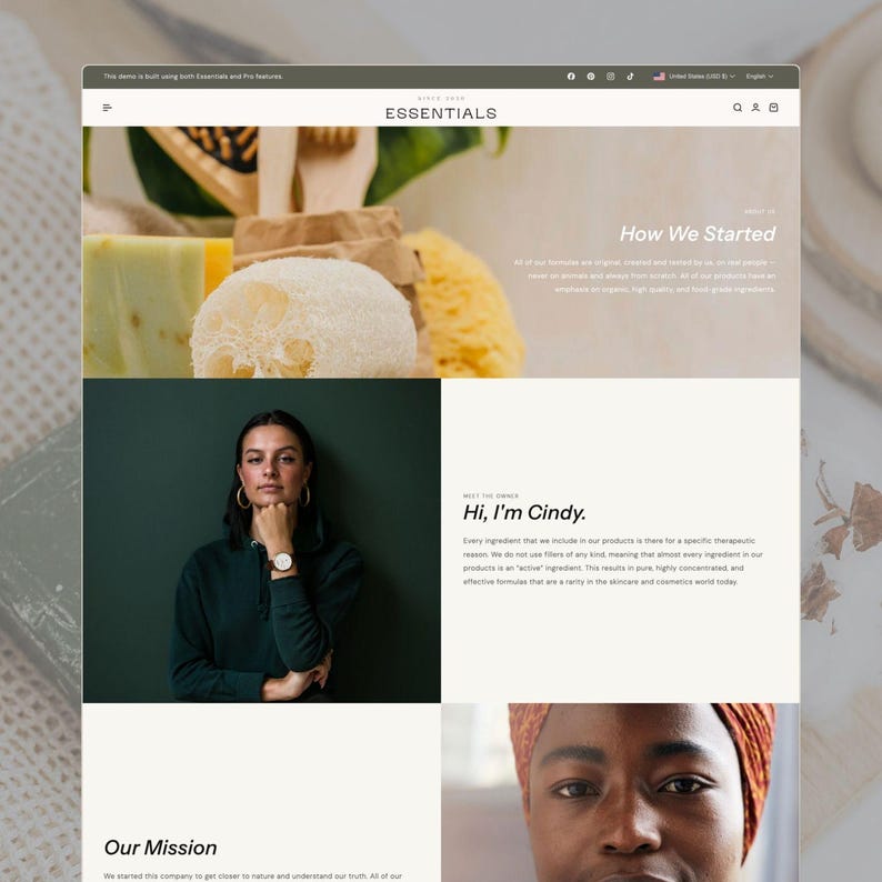 Puede incluir: Una interfaz de sitio web para una marca llamada Essentials, que incluye un encabezado con navegaci&oacute;n, una secci&oacute;n principal con productos naturales para el cuidado de la piel, una secci&oacute;n titulada How We Started, una presentaci&oacute;n de Cindy y su misi&oacute;n.