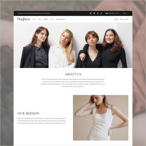 May include: A website interface for a brand named Brighten featuring a navigation bar, a header image of four individuals in professional attire, an About Us section, and a mission statement with a photograph of a person in a white sleeveless dress.