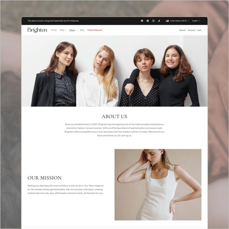 May include: A website interface for a brand named Brighten featuring a navigation bar, a header image of four individuals in professional attire, an About Us section, and a mission statement with a photograph of a person in a white sleeveless dress.