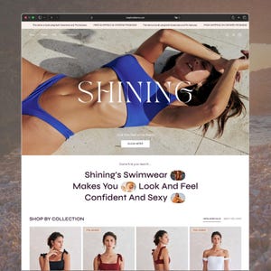 Könnte beinhalten: Eine Website-Oberfläche für Shining Bademode mit einem blauen Bikini, dem Text SHINING, Look Your Best at the Beach, CLICK HERE, Shining's Swimwear Makes You Look And Feel Confident And Sexy, SHOP BY COLLECTION, NEW ARRIVALS und BEST SELLERS.