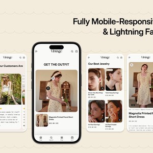 K&ouml;nnte beinhalten: Eine mobil-responsive Website-Oberfl&auml;che auf vier Smartphone-Bildschirmen mit dem Text Fully Mobile-Responsive & Lightning Fast, die Produktseiten f&uuml;r ein kurzes, gebl&uuml;mtes Magnolia-Kleid und Schmuckartikel zeigt.