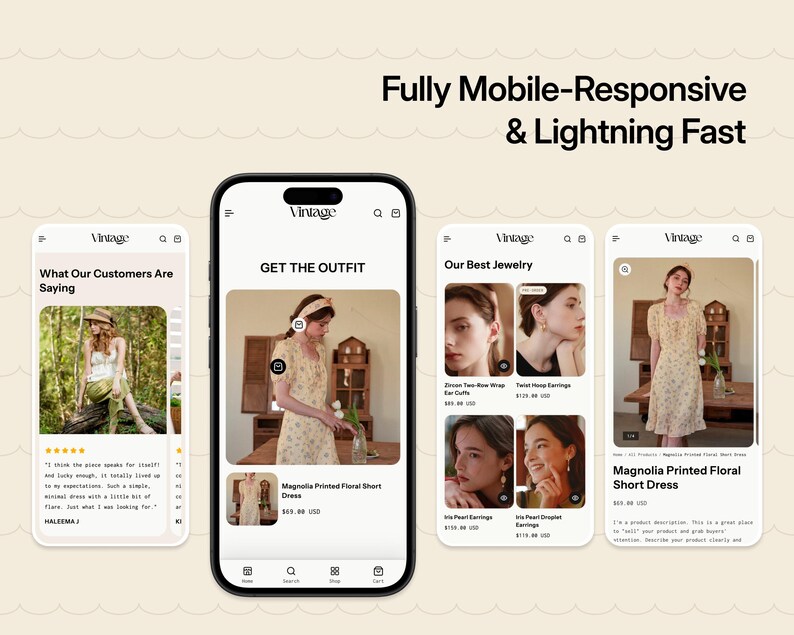 K&ouml;nnte beinhalten: Eine mobil-responsive Website-Oberfl&auml;che auf vier Smartphone-Bildschirmen mit dem Text Fully Mobile-Responsive & Lightning Fast, die Produktseiten f&uuml;r ein kurzes, gebl&uuml;mtes Magnolia-Kleid und Schmuckartikel zeigt.