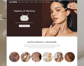May include: A website interface for Layers featuring a dark brown header with the text Tapestry of Vibrance and a photograph of a person applying a clear liquid serum from a glass dropper bottle to their cheek. Below are circular images.