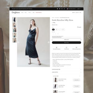 May include: A webpage displaying the Enola Sleeveless Silky Dress, a black midi-length garment with a cowl neckline and thin straps. The page includes product details, size selection options, and buttons for adding the item to a shopping cart.