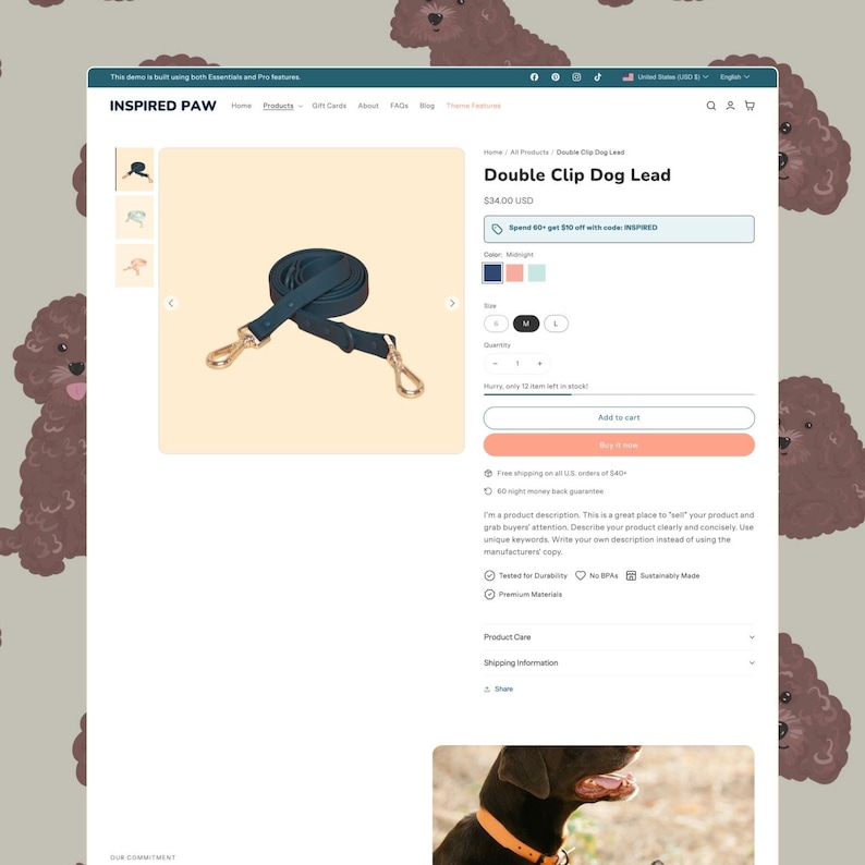 May include: A dark blue double clip dog lead with gold-toned metal hardware displayed on an e-commerce product page for Inspired Paw. The page features the product title Double Clip Dog Lead, color selection options, and size selection buttons.