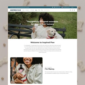 May include: A website interface for Inspired Paw featuring a header with navigation links, a hero section with a person and a dog on a bench, and a section titled Welcome to Inspired Paw with a photo of a person holding a dog and text I'm Nancy.