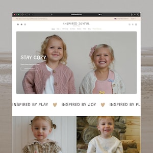 May include: A website screenshot for Inspired Joyful featuring a banner with two children wearing knit cardigans and the text Stay Cozy. Below, the text reads Inspired By Play and Inspired By Joy, followed by images of children in various clothing.