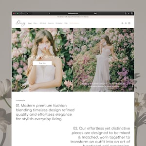 Könnte beinhalten: Eine Website-Oberfläche für die Daisy Bloom Kollektion mit einem trägerlosen weißen Kleid, Blumenbildern und Text, einschließlich Our Mission, Modern premium fashion blending timeless design und Our effortless yet distinctive pieces.