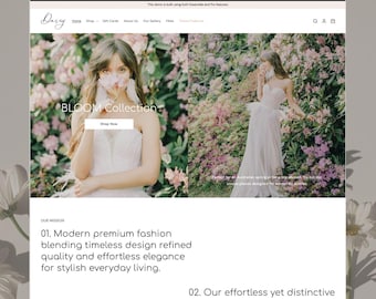 May include: A website interface for the Daisy Bloom Collection featuring a strapless white gown, floral imagery, and text including Our Mission, Modern premium fashion blending timeless design, and Our effortless yet distinctive pieces are designed.