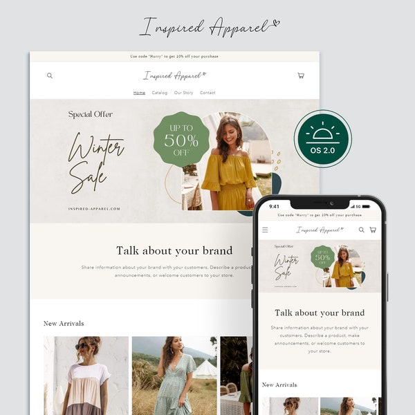 Apparel - Boho Shopify theme | Boutique Shopify Template | Feminine, Minimal, Clean Theme | Editable Canva Templates | Shopify OS 2.0 Theme