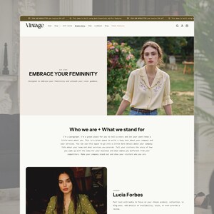 K&ouml;nnte beinhalten: Eine Website-Startseite f&uuml;r eine Marke namens Vintage mit einer Navigationsleiste, einem Heldenbereich mit dem Text EMBRACE YOUR FEMININITY, einem Foto einer Person in einer blassgelben bestickten Bluse und einem Abschnitt mit dem Titel Who we are + What we stand for.