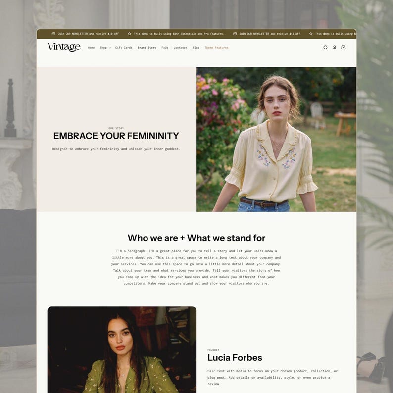 K&ouml;nnte beinhalten: Eine Website-Startseite f&uuml;r eine Marke namens Vintage mit einer Navigationsleiste, einem Heldenbereich mit dem Text EMBRACE YOUR FEMININITY, einem Foto einer Person in einer blassgelben bestickten Bluse und einem Abschnitt mit dem Titel Who we are + What we stand for.