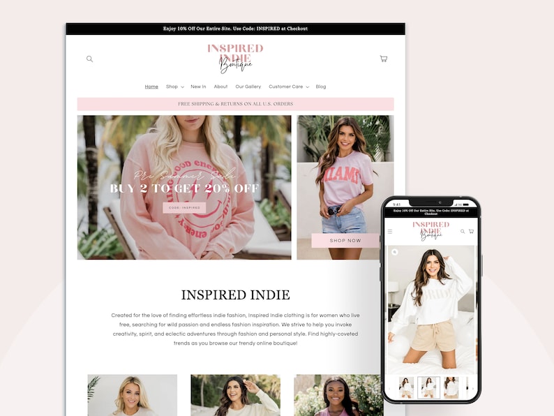 Indie - Boutique Shopify Theme | Pink Shopify Template | Feminine, Minimal & Cute Design | Editable Canva Templates | Shopify OS 2.0 Theme 