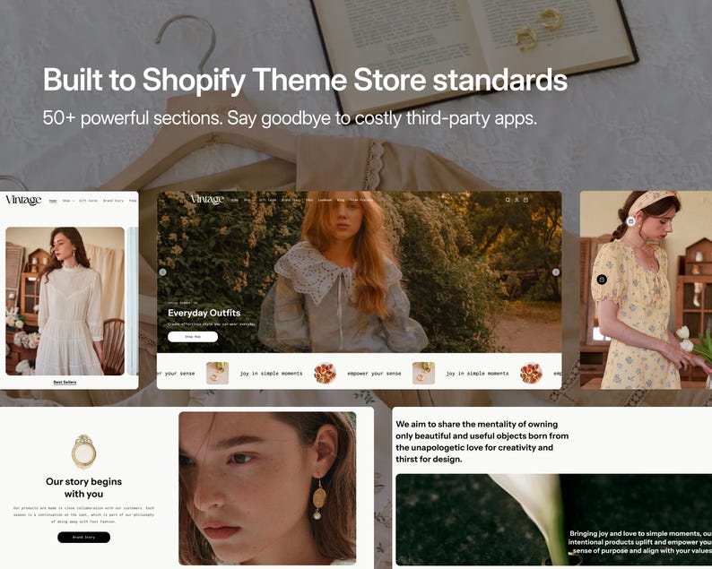K&ouml;nnte beinhalten: Eine digitale Anzeige einer Website-Vorlage mit dem Titel Vintage, die mehrere Abschnitte mit Bildern von Kleidung, Schmuck und Text enth&auml;lt. Das Layout umfasst Produktfotografien, Navigationsmen&uuml;s und beschreibende Textbl&ouml;cke &uuml;ber Design und Philosophie.