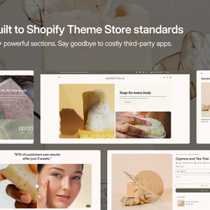 Puede incluir: Una pantalla digital de un tema de sitio web de Shopify que muestra p&aacute;ginas de productos para jabones naturales. El dise&ntilde;o incluye encabezados de texto como Built to Shopify Theme Store standards, Soap for every body y Cypress and Tea Tree, junto con im&aacute;genes de jabones, esponjas y rutinas de cuidado.