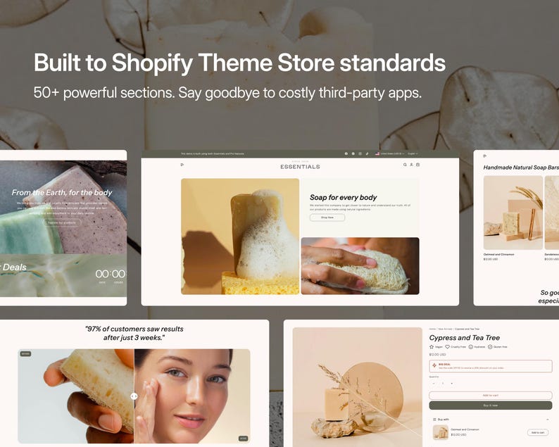 Puede incluir: Una pantalla digital de un tema de sitio web de Shopify que muestra p&aacute;ginas de productos para jabones naturales. El dise&ntilde;o incluye encabezados de texto como Built to Shopify Theme Store standards, Soap for every body y Cypress and Tea Tree, junto con im&aacute;genes de jabones, esponjas y rutinas de cuidado.