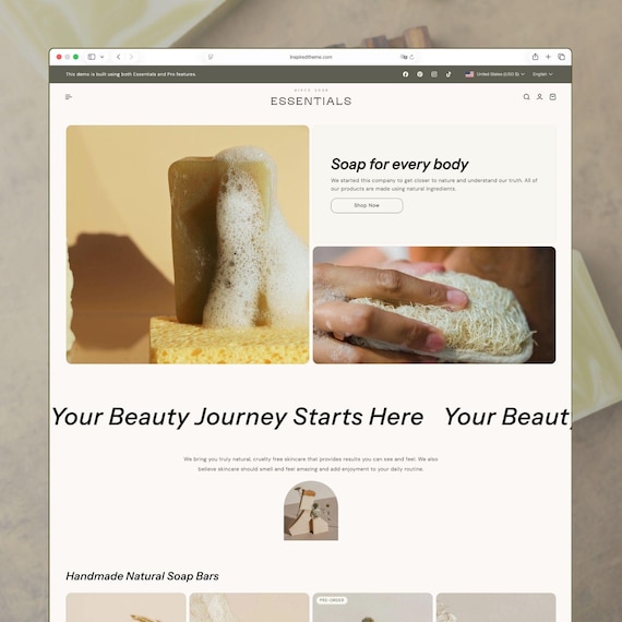 Essentials - Health Shopify Theme | Skincare & Wellness Template | Soap Body Care Store | Clean Website Design