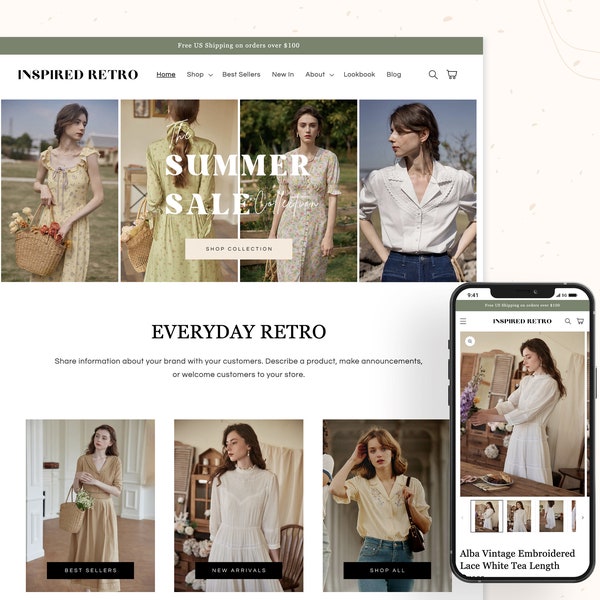 Retro - Vintage Clothing Shopify Theme | Boutique Shopify Template | Feminine & Minimal Design | Editable Canva Templates | OS 2.0 Theme