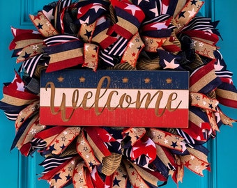 Patriotic Wreath, 4th of July Wreath, Welcome Wreath, Holiday Wreath, Rustic Wreath, Seasonal Wreath, Front Door Wreath