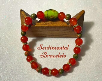 Carnelian Unakite Gemstone Bracelet: Handmade Healing Crystal Jewelry