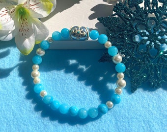 Blue Jade Snowflake Bracelet: Pearl Holiday Jewelry Gift