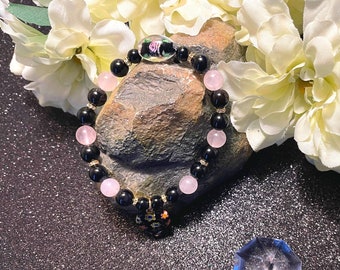 Rose Quartz Beaded Bracelet, Heart Charm, Valentines Jewelry Gift