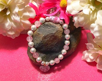 Rose Quartz Heart Bracelet, Pearl Beaded, Valentine's Day Gift