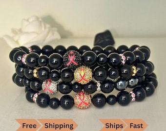 Black Onyx Breast Cancer Awareness Bracelet: Pink Ribbon Charm