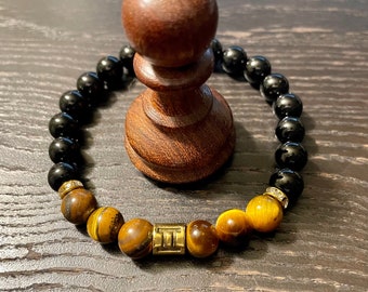 Zodiac Bracelet: Black Onyx & Tiger's Eye Gemstone Astrology Jewelry