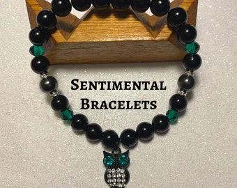 Owl Bracelet: Black Onyx & Hematite Gemstone, Wisdom Jewelry