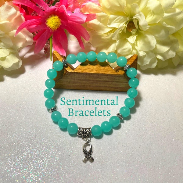 Ovarian Cancer Bracelet, Teal Awareness Bracelet, Anxiety Bracelet, PTSD Bracelet, Quartz Gemstone Bracelet, Support Bracelet, Hope Charm