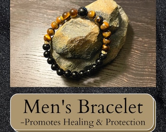 Mens Bracelet, Protection Bracelet, Tigers Eye and Black Onyx Gemstone Bracelet, Gifts for him, Jewelry for men, Christmas Gift for Men