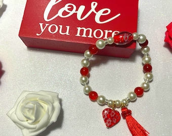 Heart Charm Bracelet: Jade, Pearl, & Red Tassel - Valentine's Jewelry