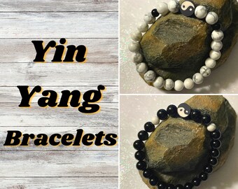 Yin Yang Bracelet Set: Black Onyx & White Howlite, Couples Jewelry