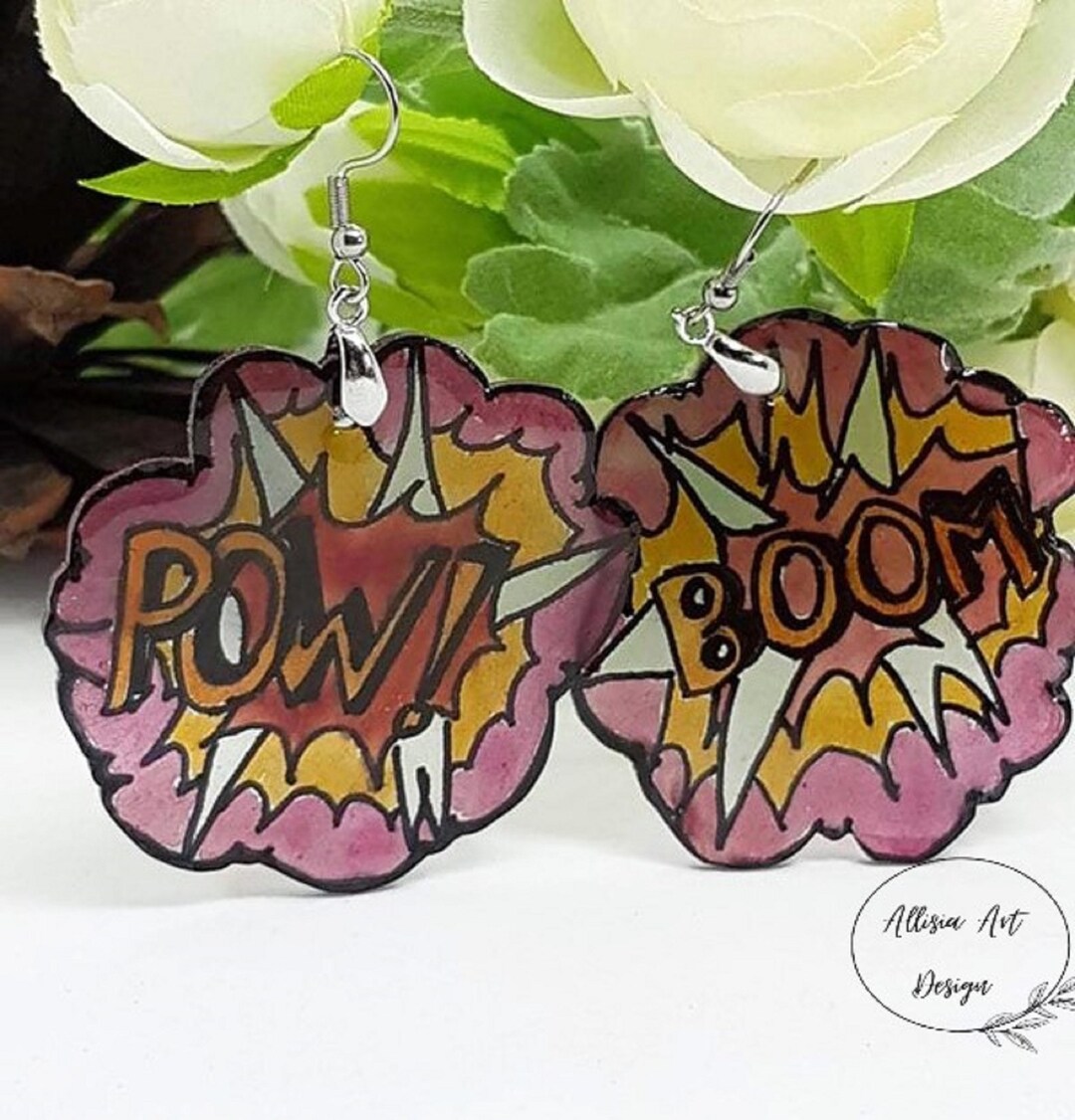 Pop Art Earrings Handpainted Comic Earrings Made of Shrink Etsy