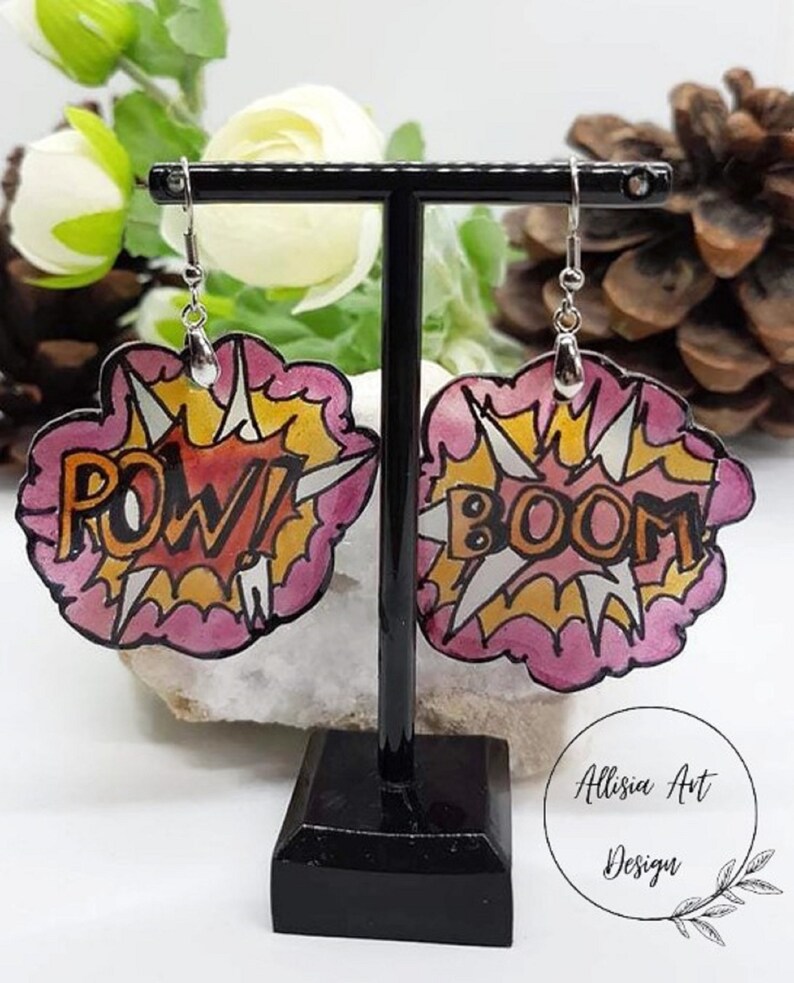 Pop Art Earrings Handpainted Comic Earrings Made of Shrink Etsy