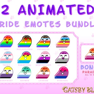 Puede incluir: Un conjunto de 12 emojis animados de banderas del orgullo en forma de un personaje de dibujos animados sonriente. Los emojis representan diferentes orientaciones sexuales e identidades de género, incluyendo gay, lesbiana, bisexual, transgénero, no binario, pansexual, asexual, genderfluid, queer y el orgullo de Filadelfia. Los emojis están todos en un esquema de colores arcoíris y tienen un diseño lindo y amigable. El texto "BONUS PARADE!!! ALL 12 IN 1 EMOTE" está en la parte inferior derecha de la imagen.