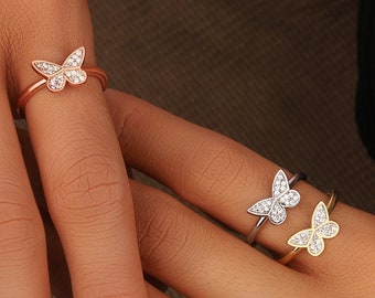 Initial Butterfly White Stone Ring * Cubic Zirconia Silver Gold Rose Band * Stackable Silver * s For Mom Mother Women Wife Girl