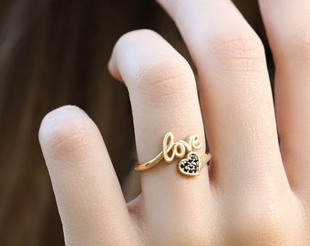 14K 18K Solid Gold Handmade Black Stone Ring * 14K Dainty Thin Gold Diamond Ring * Initial Personalized Solid Gold Gift For Women Mom Mother