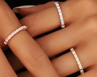Stackable Minimalist Opal Stone Half Eternity Ring * Stacking Silver Gold Filled Band * s For Mom Mother Women Wife Best Friend