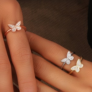 Initial Butterfly White Stone Ring * Cubic Zirconia Silver Gold Rose Band * Stackable Silver * s For Mom Mother Women Wife Girl